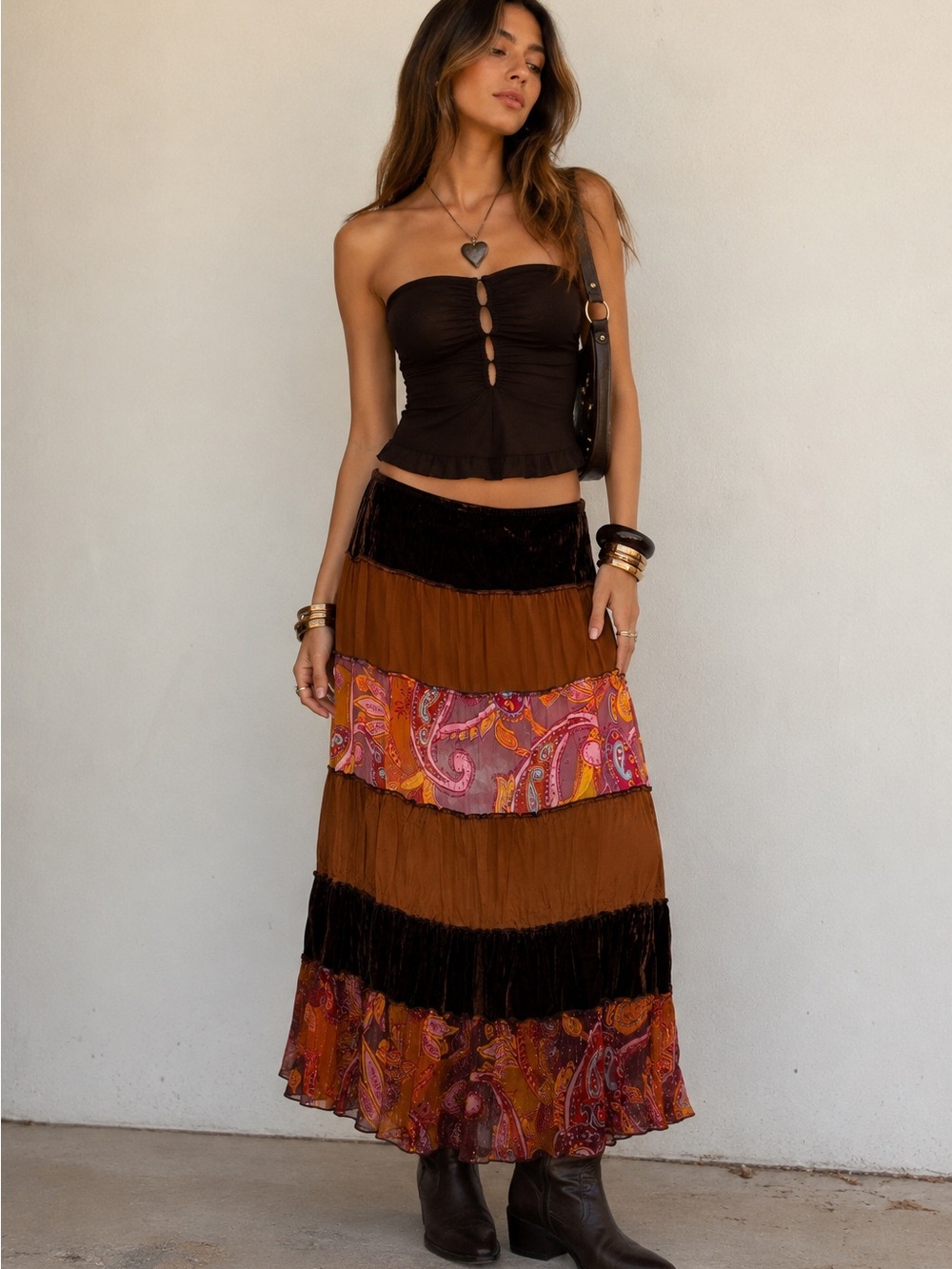 Cache Brown Multi-Color Tiered Paisley Maxi Skirt